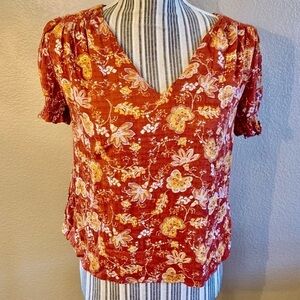 NWT Rachel Zoe Blouse XS Orange Floral Gold White Pastel Blue Rayon Boho